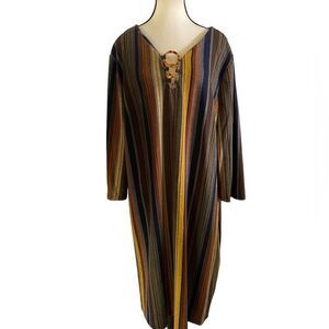 Tavern earth tone vertical striped v-neck dress w hoops on front 70s style sz 3X